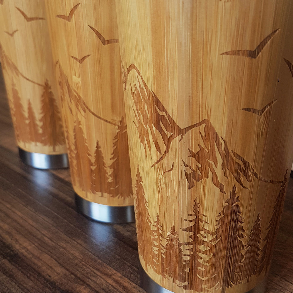 3 Bamboo Travel Mugs MOUNTAINS AND FOREST Custom Engraved Wooden Tumbler