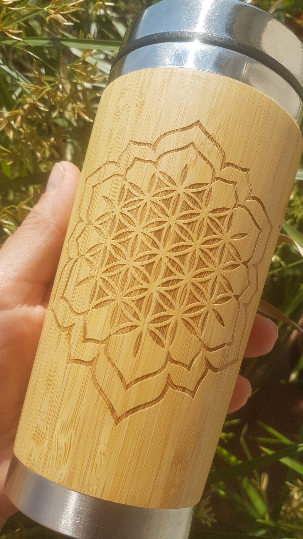 CHAKRA FLOWER Wood Travel Mug Custom Engraved Tumbler