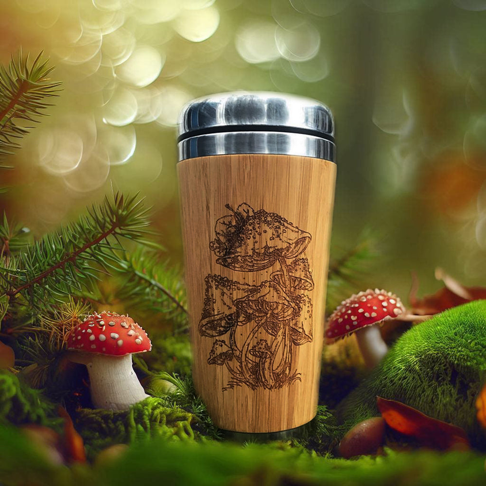 Bamboo Travel Mug with engarved Amanita Mushrooms Design in Green Moss