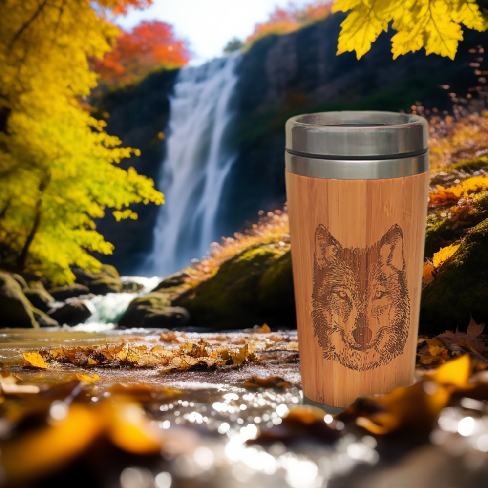 Bamboo Travel Mug Wolf autumn scene | Litha Creations France