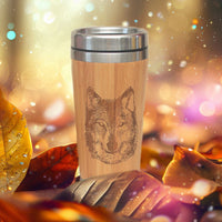 Bamboo Travel Mug Wolf  in autumn leaves | Litha Creations France