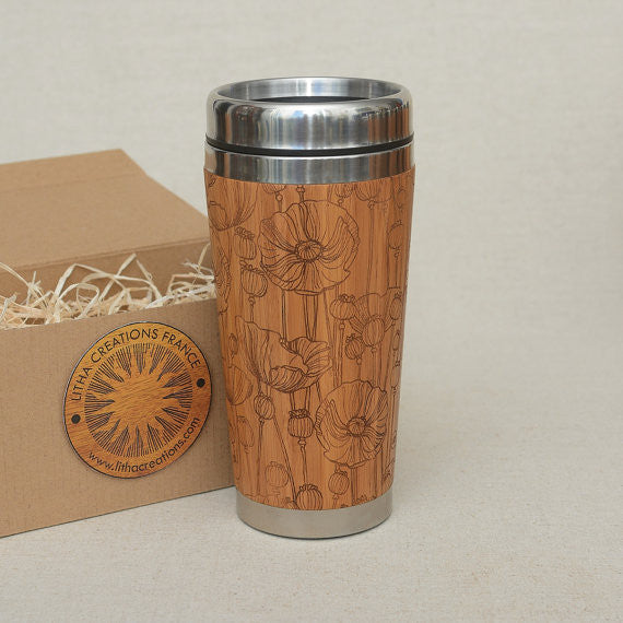 POPPY FIELD Engraved Wood Travel Mug Tumbler - litha-creations-france