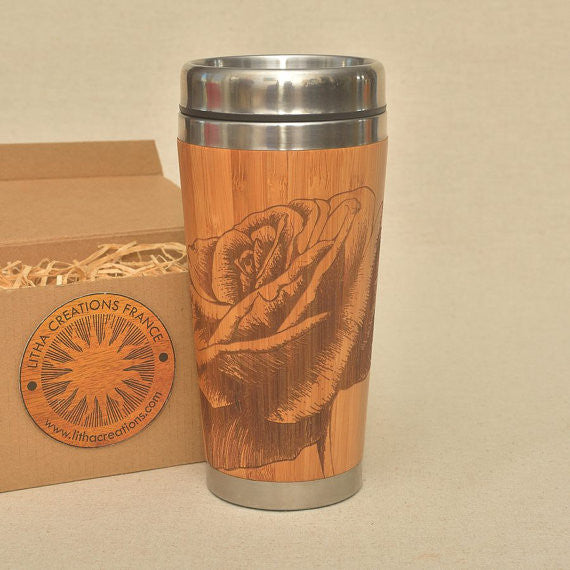 BELLE ROSE Engraved Wood Travel Mug Tumbler - litha-creations-france