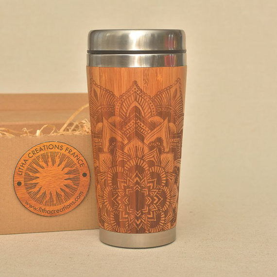 STAR MANDALA Engraved Wood Travel Mug Tumbler - litha-creations-france