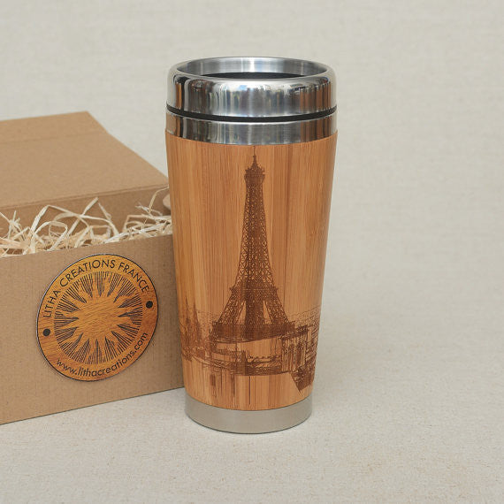 PARIS TOUR Engraved Wood Travel Mug Tumbler - litha-creations-france