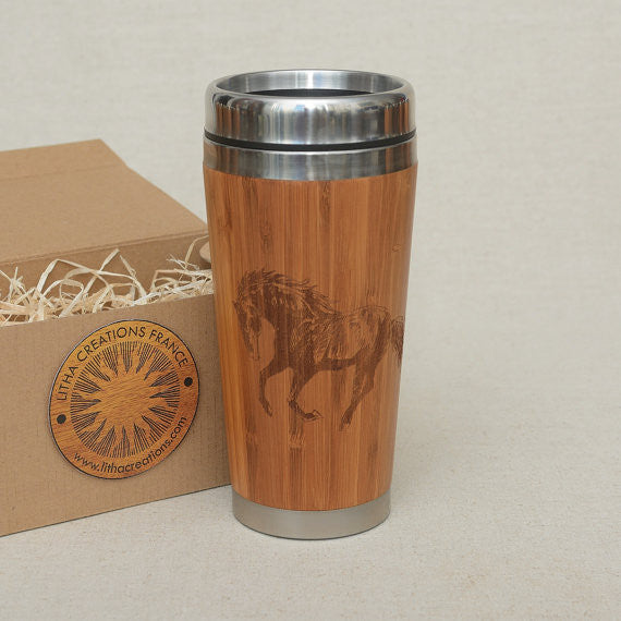 MUSTANG Engraved Wood Travel Mug Tumbler - litha-creations-france
