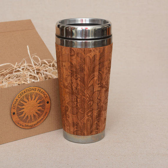 BLOSSOM Engraved Wood Travel Mug Tumbler - litha-creations-france