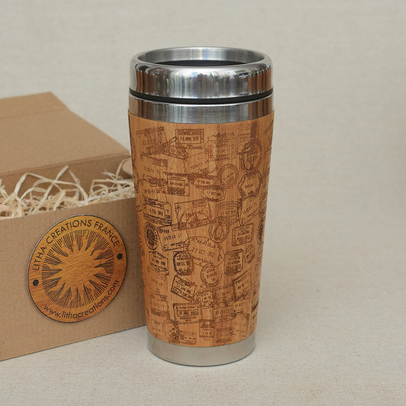 TRAVEL STAMPS Engraved Wood Travel Mug Tumbler - litha-creations-france