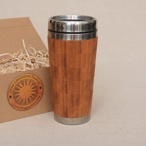 SQUARES Engraved Wood Travel Mug Tumbler - litha-creations-france