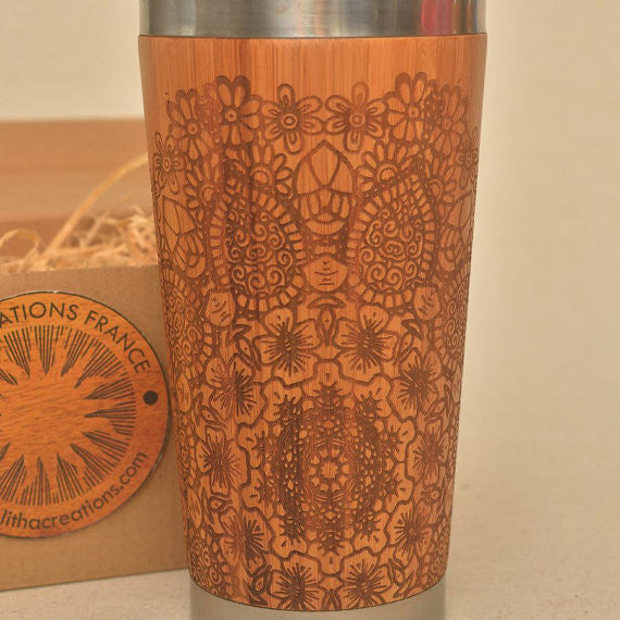 ETHNIC MANDALA Engraved Wood Travel Mug Tumbler - litha-creations-france