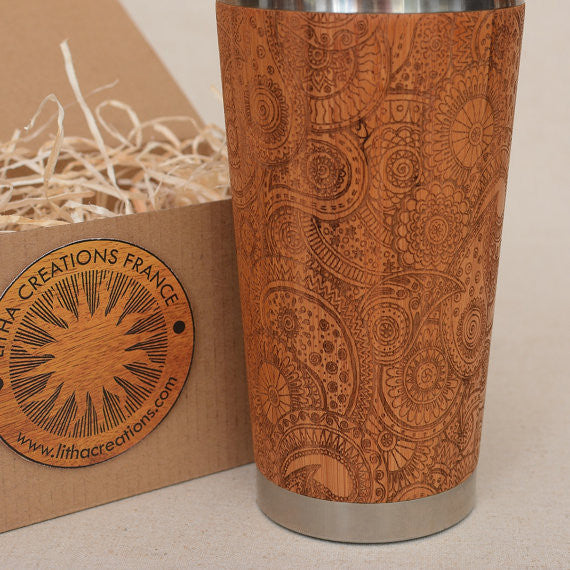 PAISLEY Engraved Wood Travel Mug Tumbler - litha-creations-france