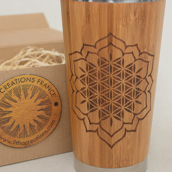CHAKRA FLOWER Engraved Wood Travel Mug Tumbler - litha-creations-france