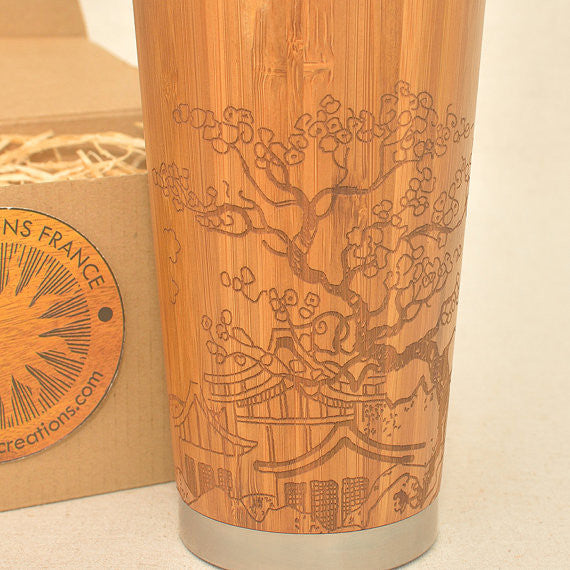 JAPAN Engraved Wood Travel Mug Tumbler - litha-creations-france