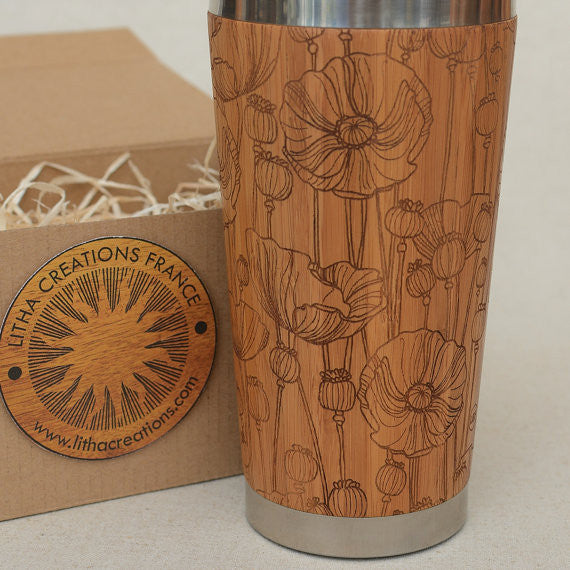 POPPY FIELD Engraved Wood Travel Mug Tumbler - litha-creations-france