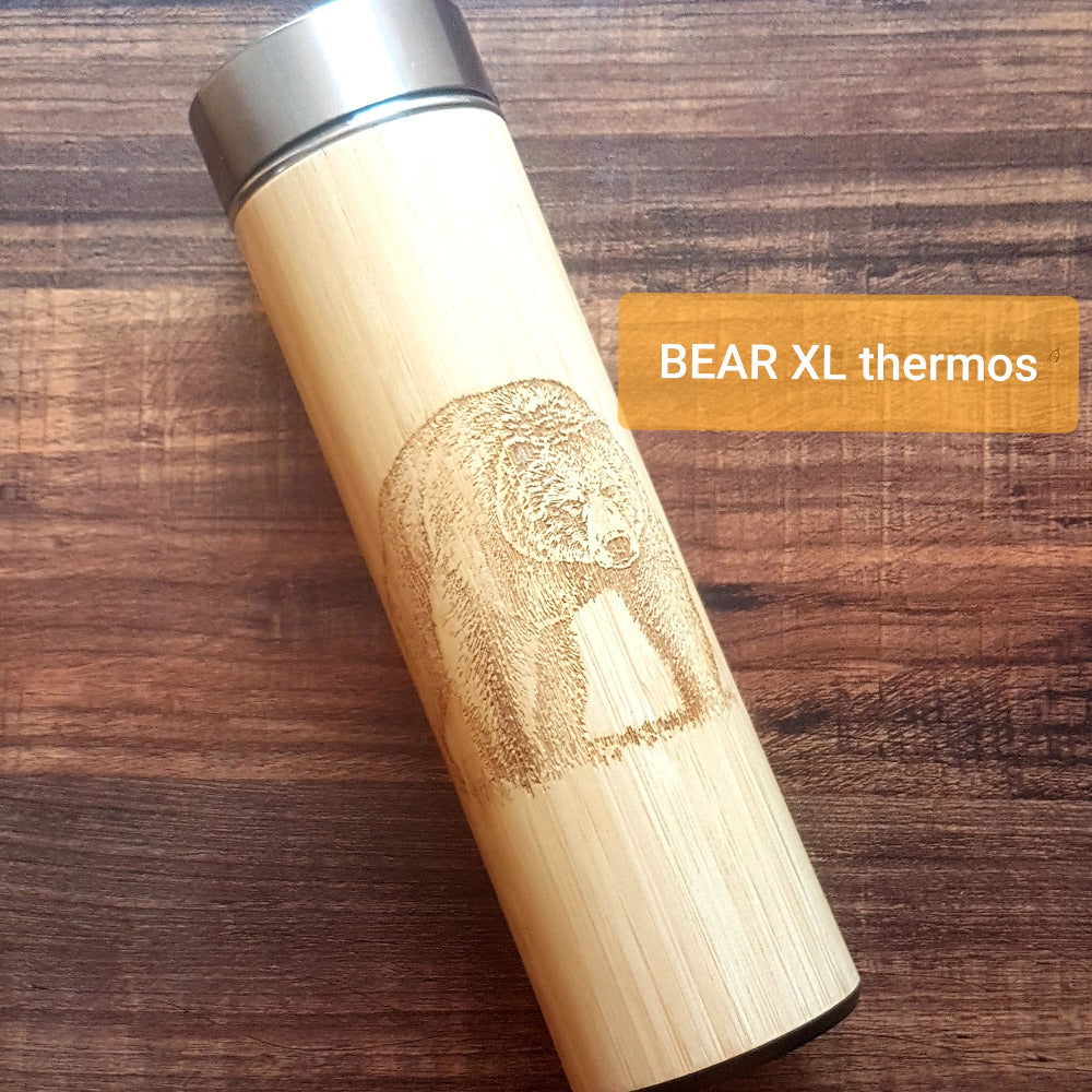 Bamboo Thermos BEAR on dark wood background