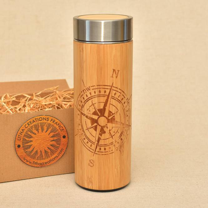COMPASS Wood Thermos Vacuum Flask - litha-creations-france