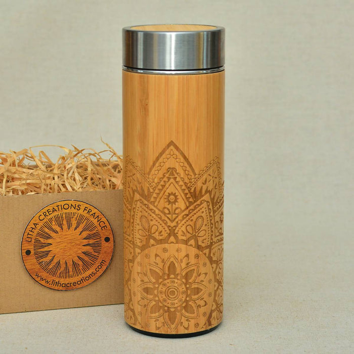 HALF MANDALA Wood Thermos Insulated Water Bottle
