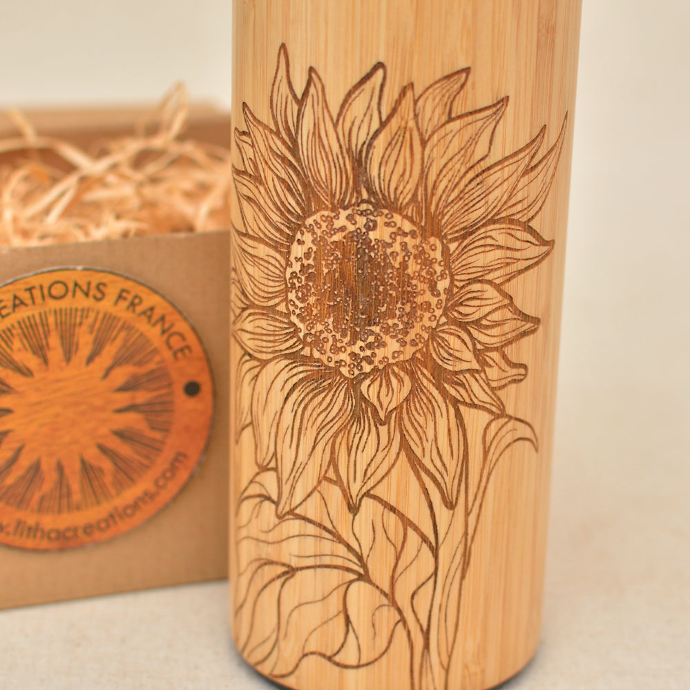 SUNFLOWER Wood Thermos Vacuum Flask - litha-creations-france