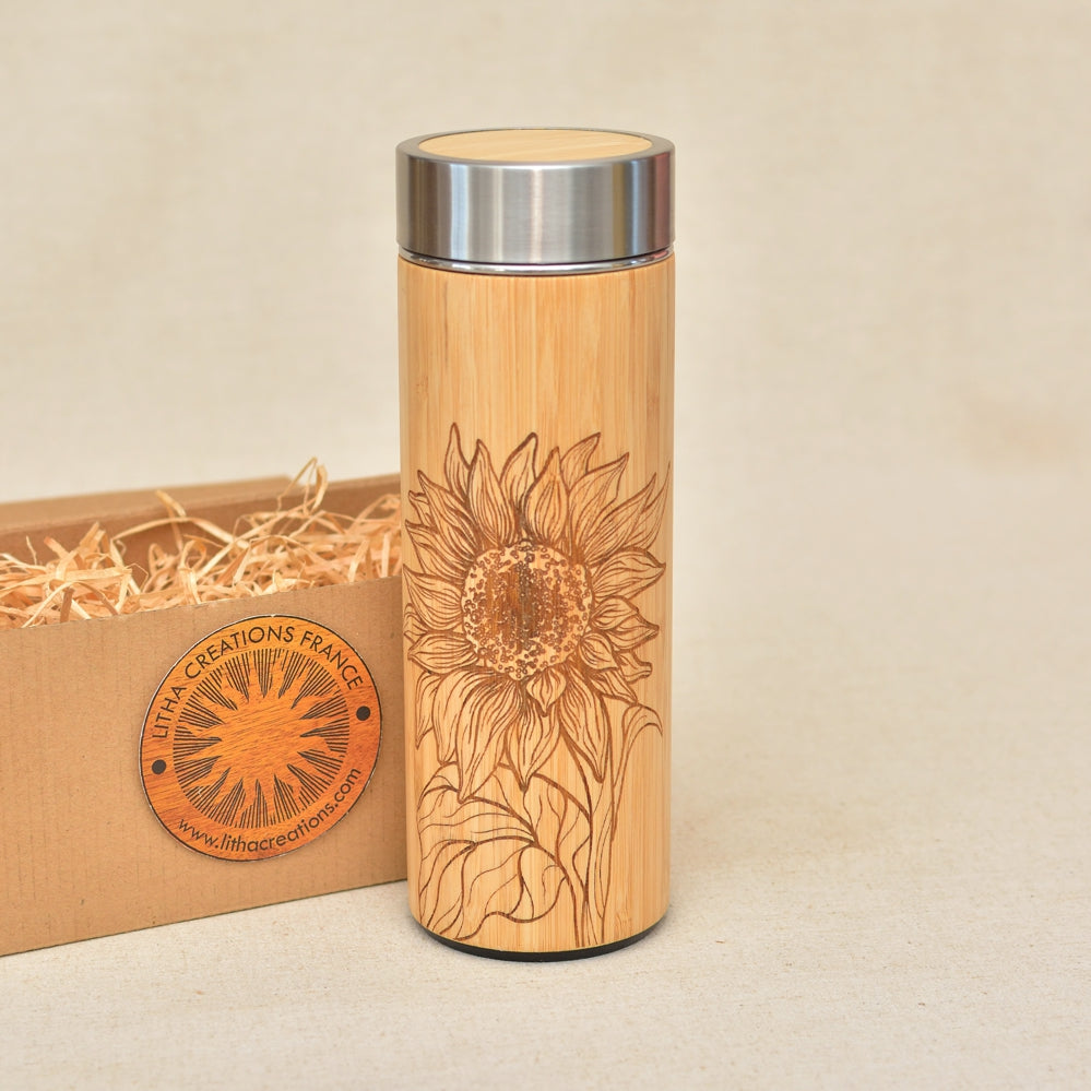 SUNFLOWER Wood Thermos Vacuum Flask - litha-creations-france