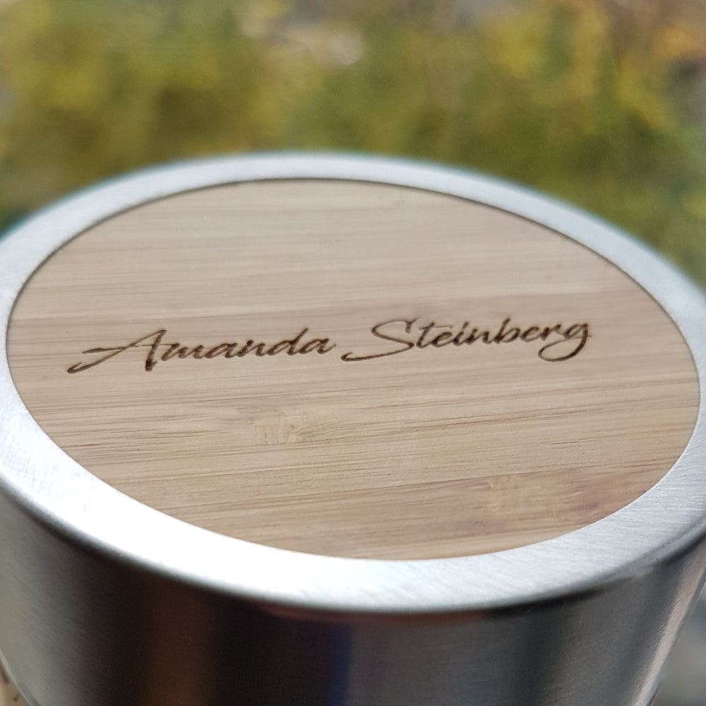 Customer request engraving on the Wood Thermos Mountain Forest + Lid