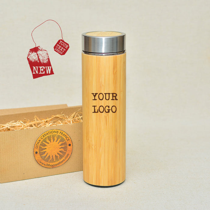 Mountain and Forest Engraved on Wood Thermos with Custom Text