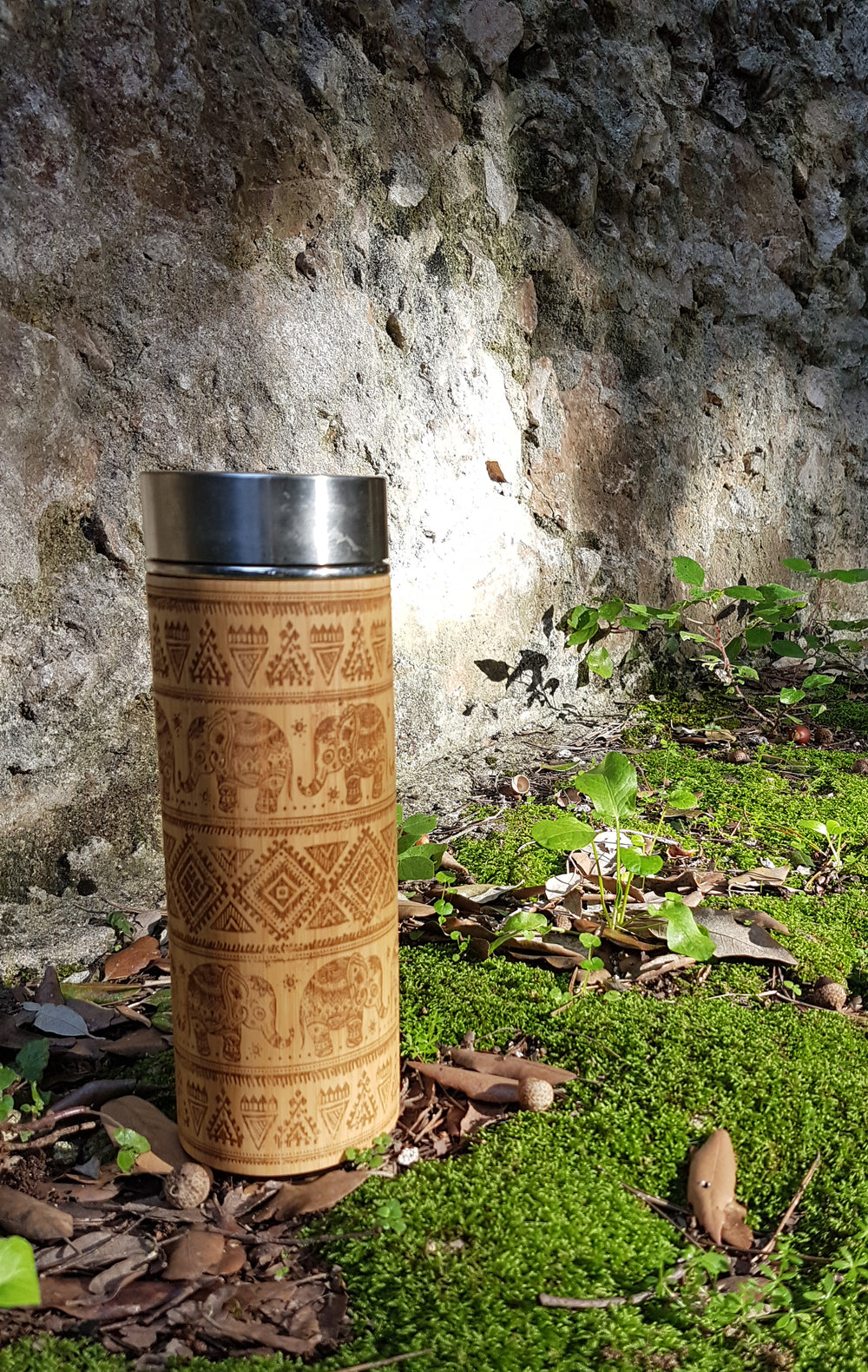 ETHNIC ELEPHANTS Wood Thermos Insulated Water Bottle