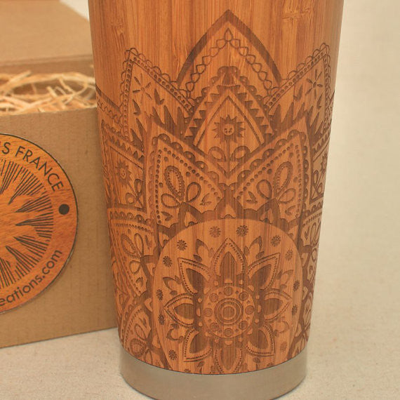 HALF MANDALA Engraved Wood Travel Mug Tumbler - litha-creations-france
