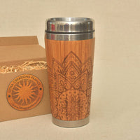 HALF MANDALA Engraved Wood Travel Mug Tumbler - litha-creations-france
