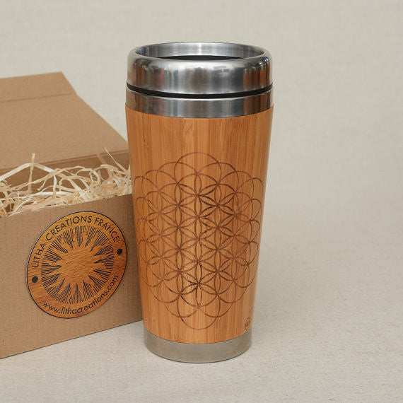 Engraved Wood Travel Mug Tumbler OPEN FLOWER OF LIFE - litha-creations-france