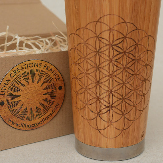 Engraved Wood Travel Mug Tumbler OPEN FLOWER OF LIFE - litha-creations-france