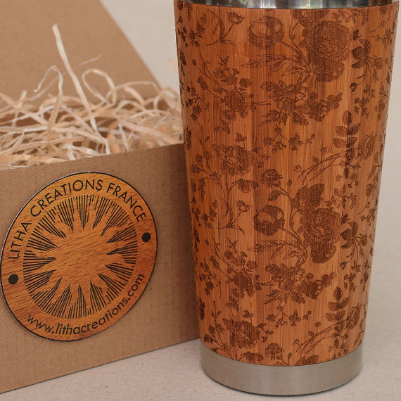 FRENCH ROSES Engraved Wood Travel Mug Tumbler - litha-creations-france
