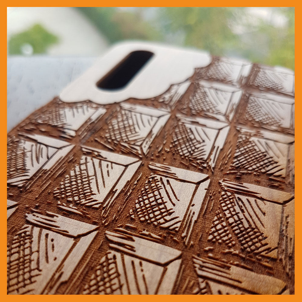 Wood phone case with chocolate bar engraving  upper part