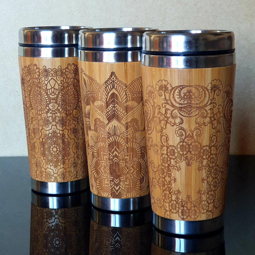 PETAL MANDALA Wood Travel Mug Custom Engraved Tumbler