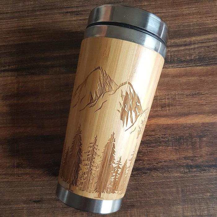 MOUNTAINS AND FOREST Wood Bamboo Travel Mug Custom Engraved Tumbler