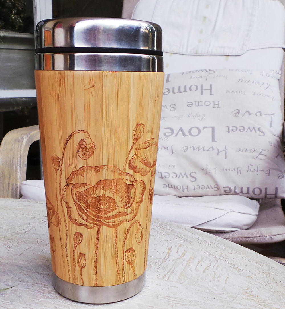 POPPY ROW Travel Mug Engraved Wood Tumbler - litha-creations-france
