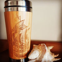SAILING SHIP Wood Travel Mug Engraved Tumbler - litha-creations-france