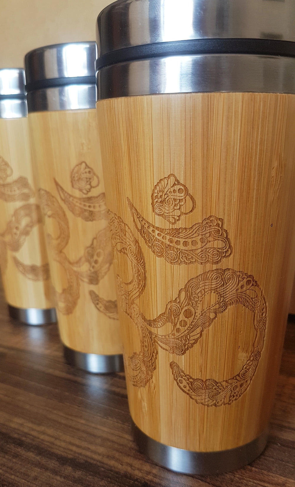 OM Symbol Wood Travel Mug Custom Engraved Tumbler