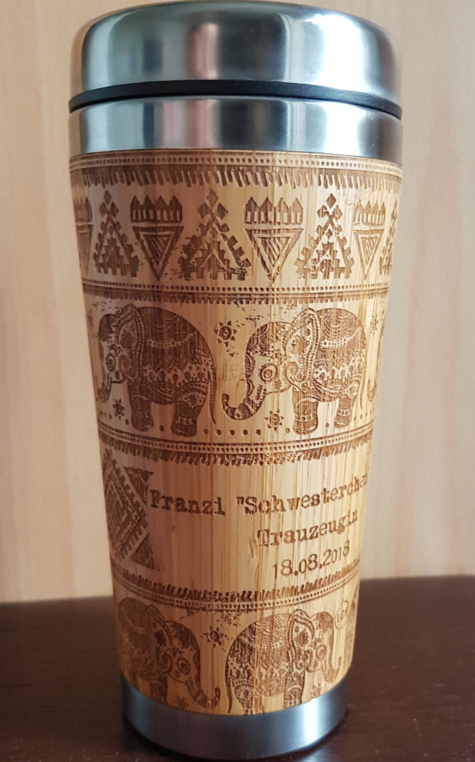 ETHNIC ELEPHANTS Wood Travel Mug Custom Engraved Tumbler