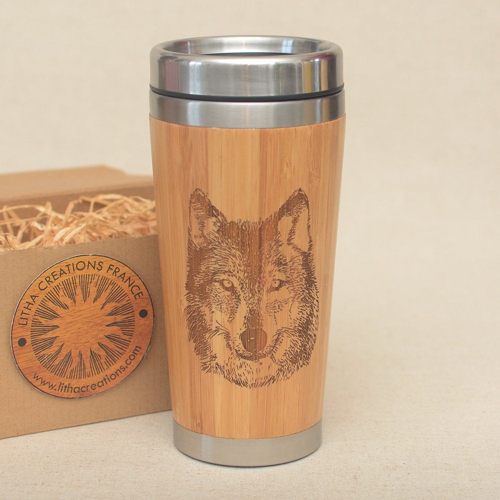 Wolf Engraved Wood Travel Tumbler Mug - litha-creations-france