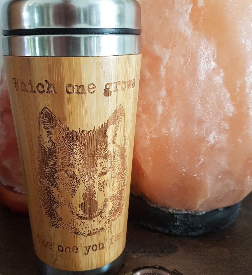 Bamboo Travel Mug Wolf  with text | Litha Creations France